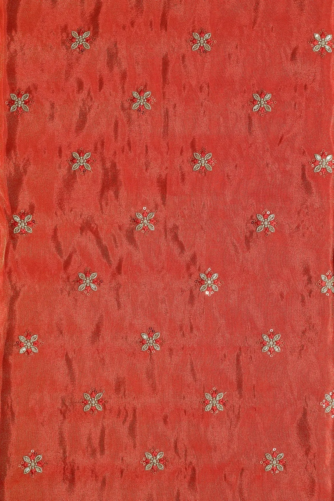 Gold Sequins And Zari Floral Booti Embroidery Work On Dark Orange Pure Viscose Zari Tissue Fabric