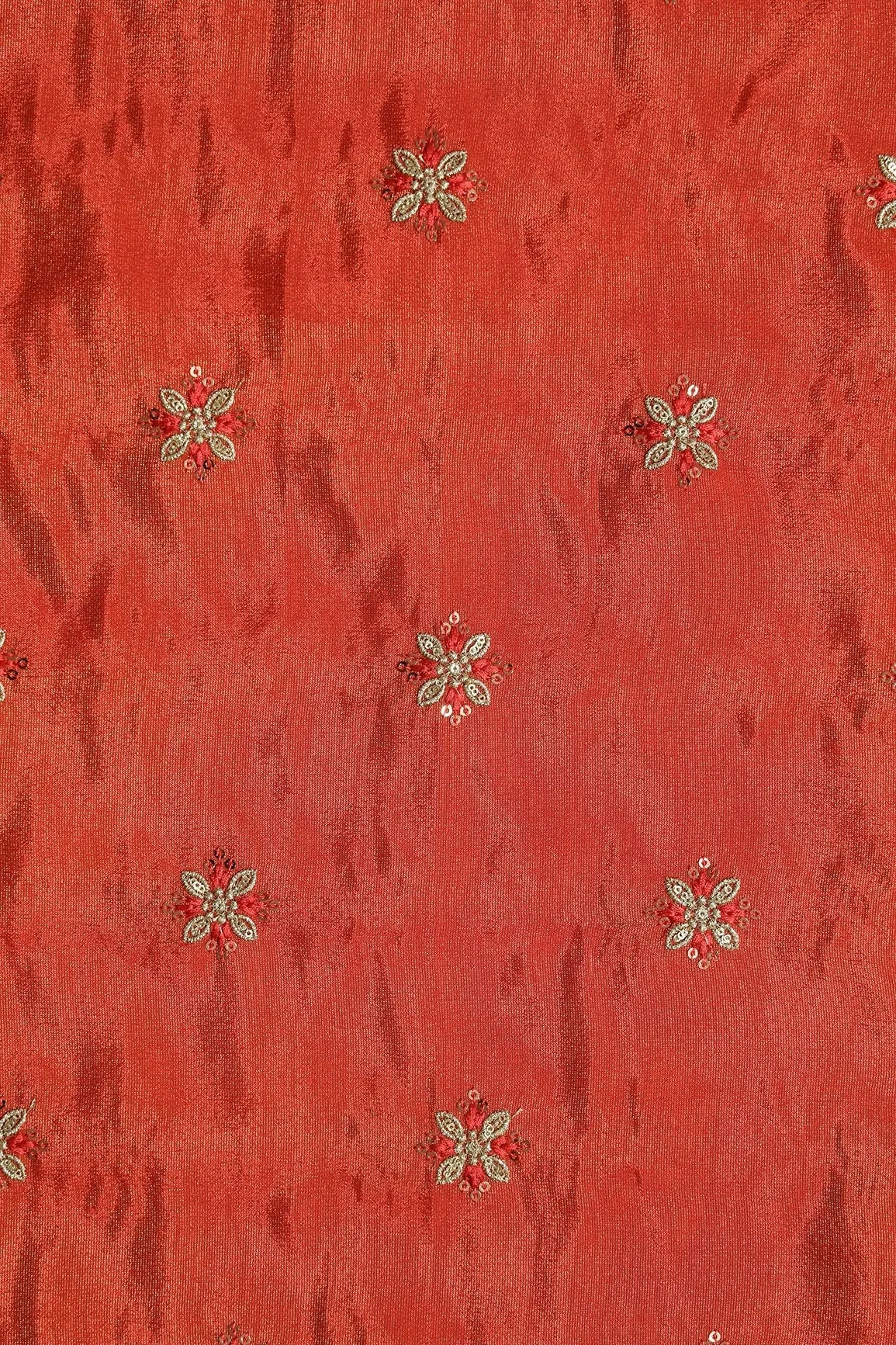 Gold Sequins And Zari Floral Booti Embroidery Work On Dark Orange Pure Viscose Zari Tissue Fabric