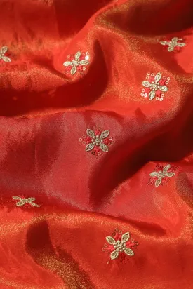 Gold Sequins And Zari Floral Booti Embroidery Work On Dark Orange Pure Viscose Zari Tissue Fabric