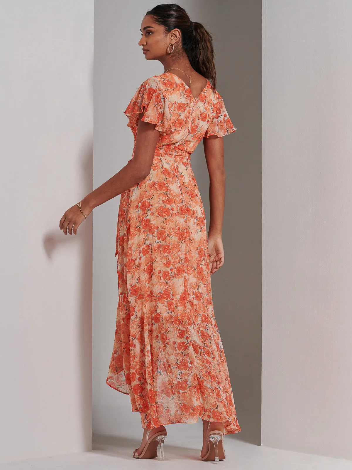 Haylie Frill Chiffon Maxi Dress, Orange Multi