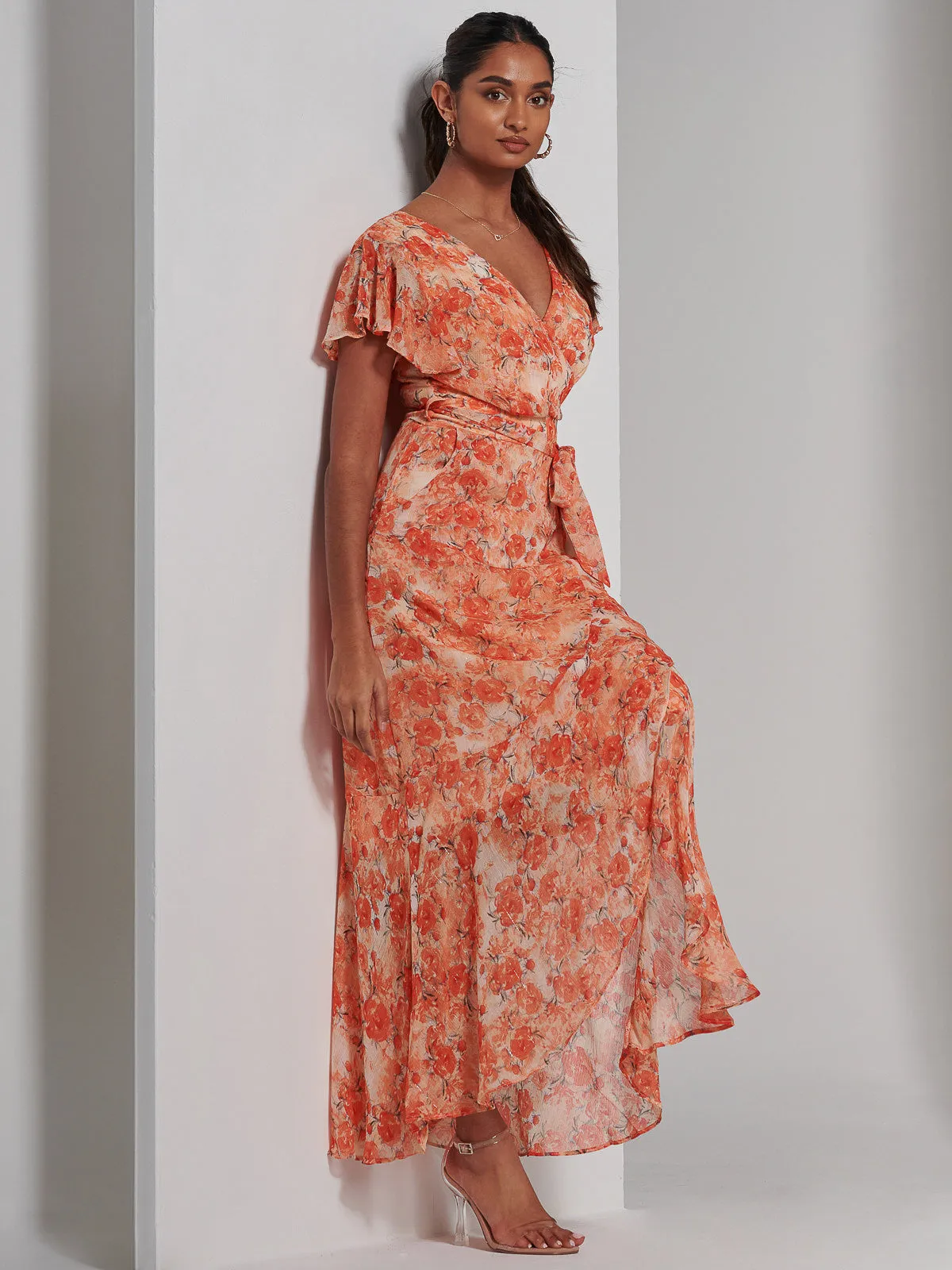 Haylie Frill Chiffon Maxi Dress, Orange Multi