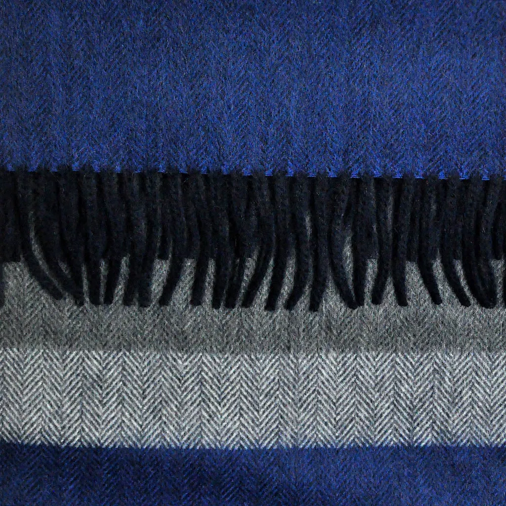 Herring Bone & Colour Panels Wool Scarf in Grey, Green & Blue