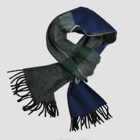Herring Bone & Colour Panels Wool Scarf in Grey, Green & Blue