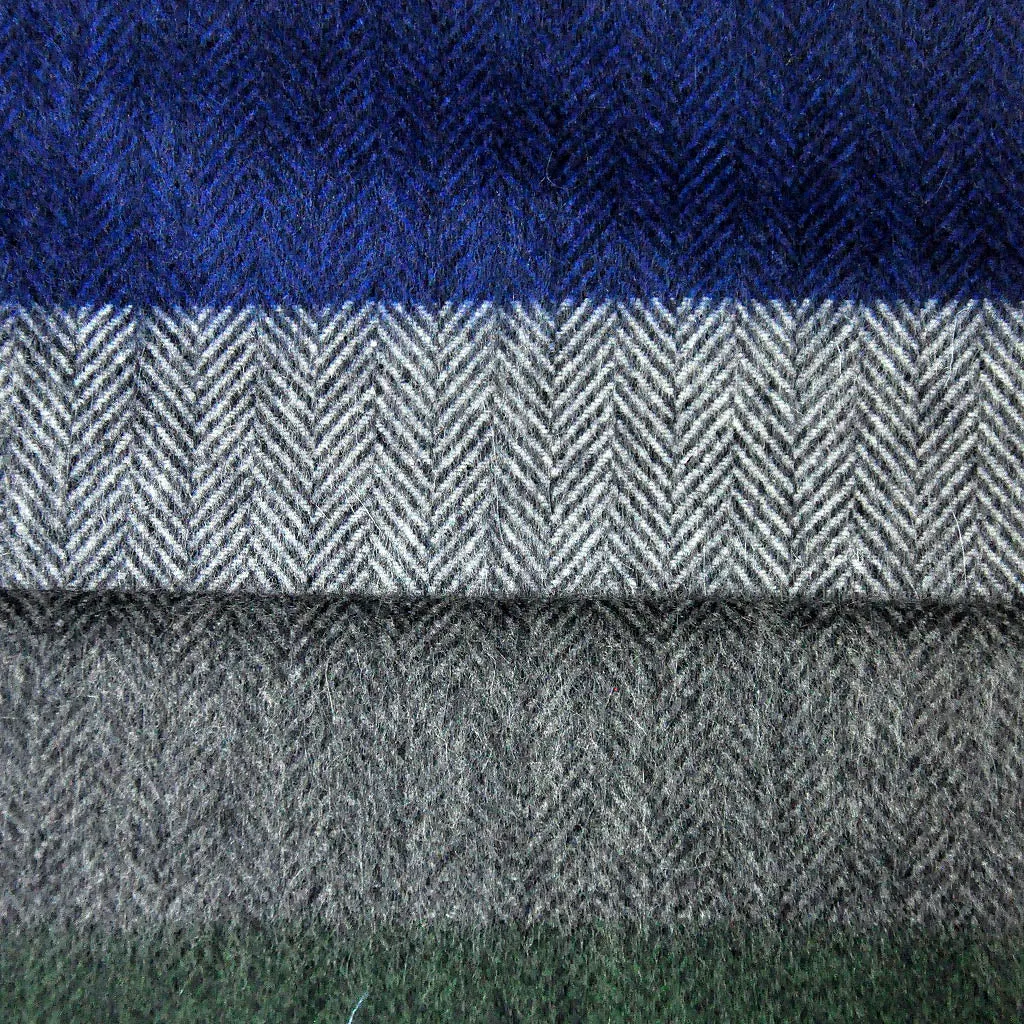 Herring Bone & Colour Panels Wool Scarf in Grey, Green & Blue