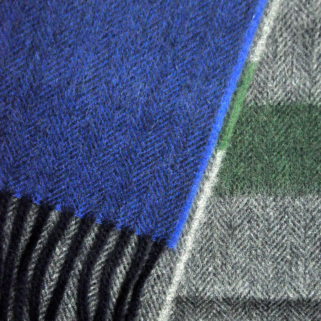 Herring Bone & Colour Panels Wool Scarf in Grey, Green & Blue