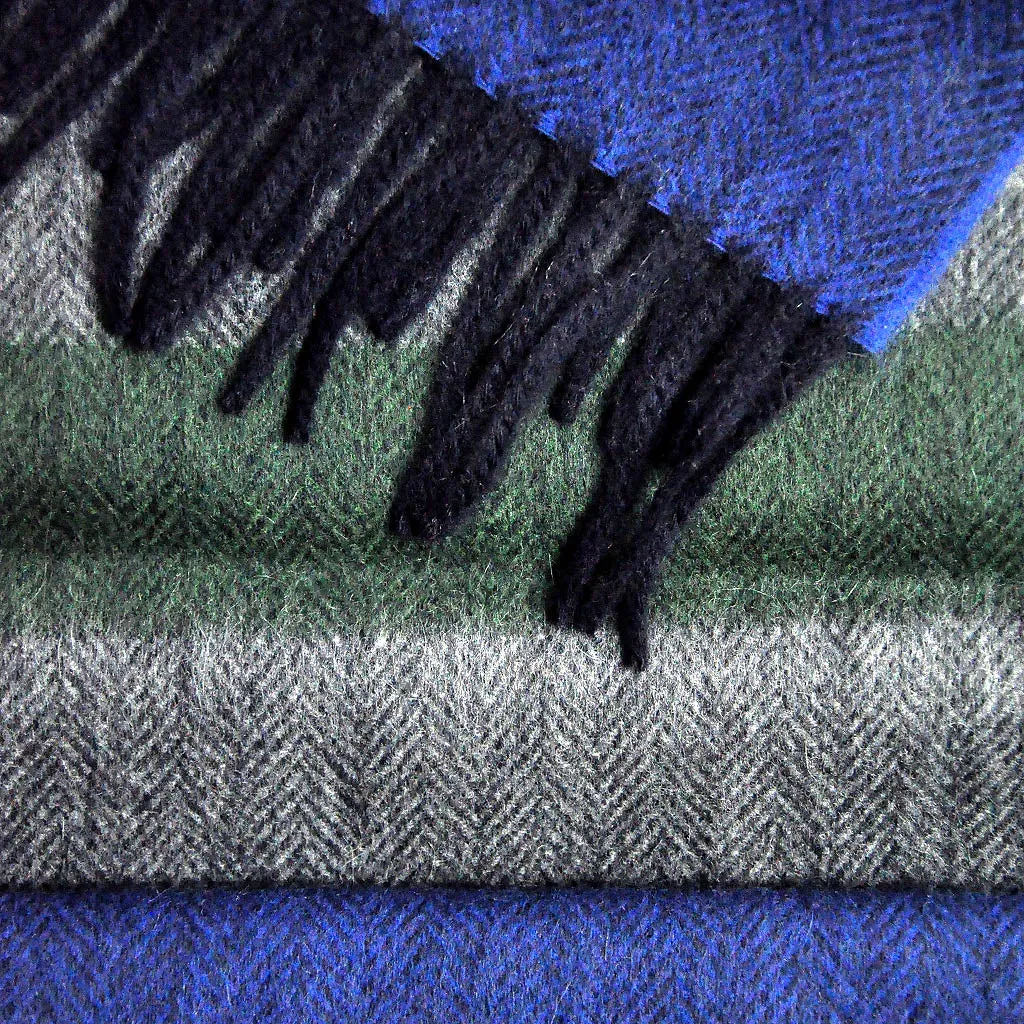 Herring Bone & Colour Panels Wool Scarf in Grey, Green & Blue