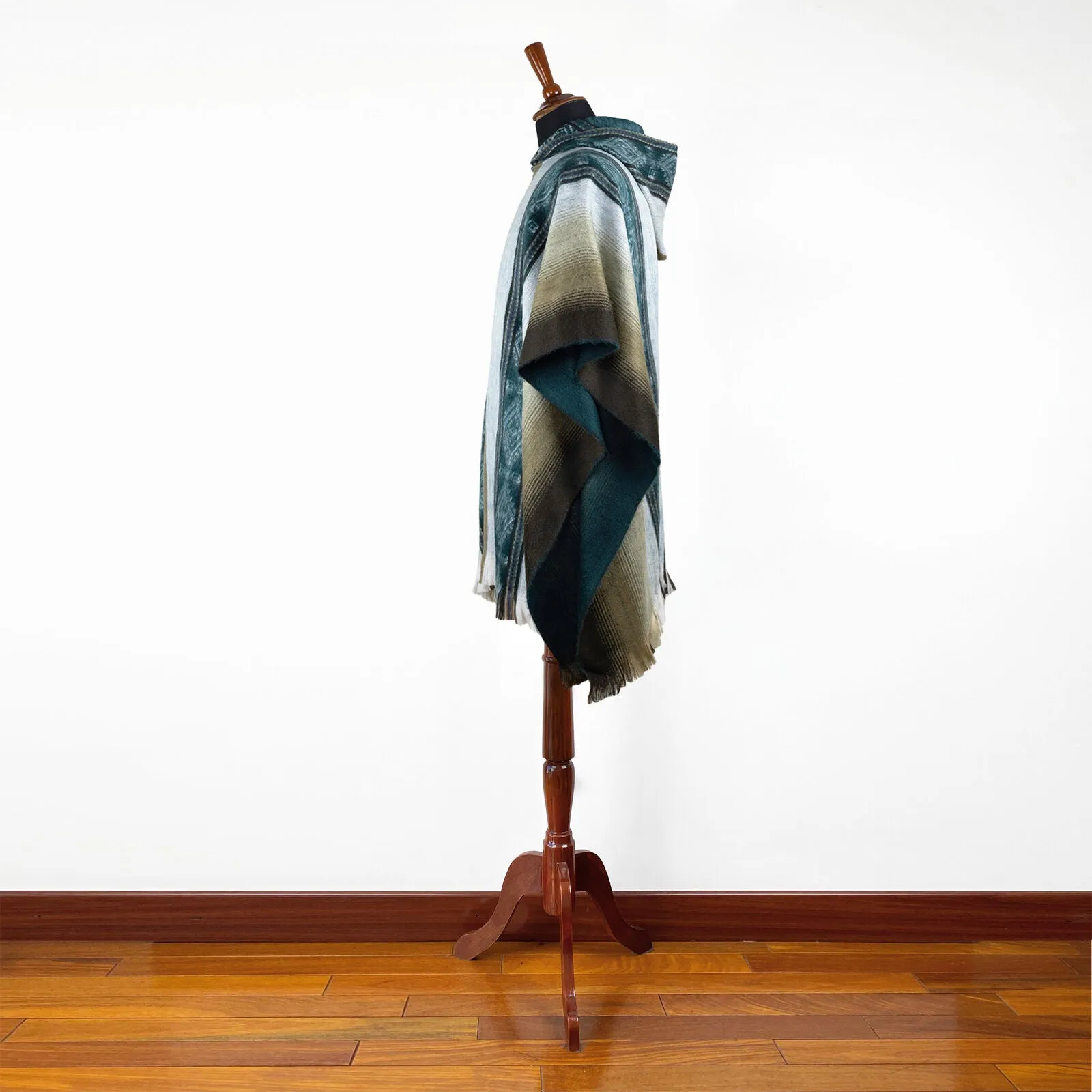 Jatuncocha - Lightweight Baby Alpaca Hooded Poncho - Emerald Green Tobacco - Unisex