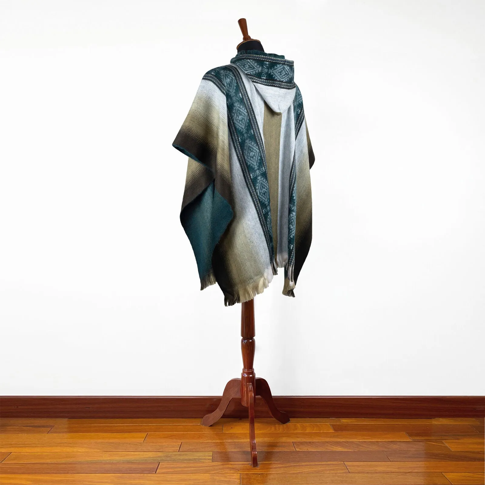 Jatuncocha - Lightweight Baby Alpaca Hooded Poncho - Emerald Green Tobacco - Unisex
