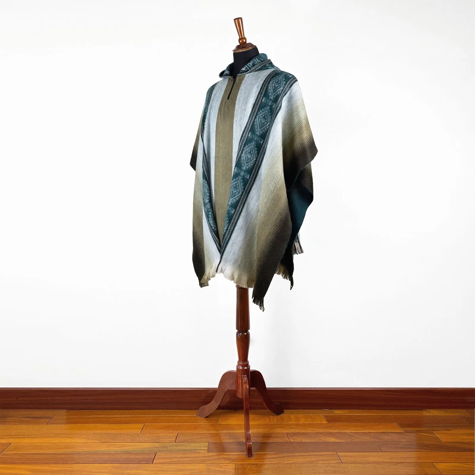 Jatuncocha - Lightweight Baby Alpaca Hooded Poncho - Emerald Green Tobacco - Unisex