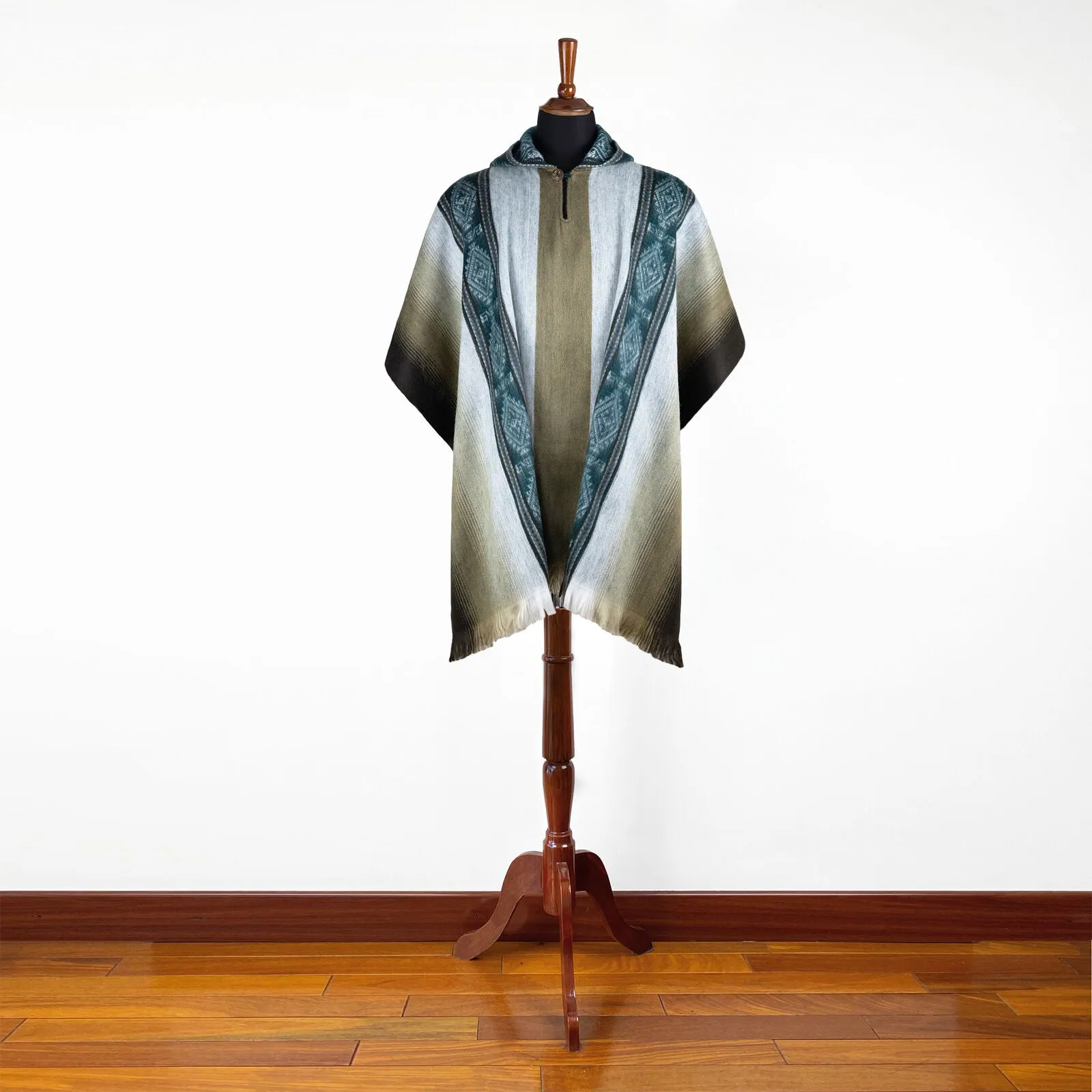 Jatuncocha - Lightweight Baby Alpaca Hooded Poncho - Emerald Green Tobacco - Unisex