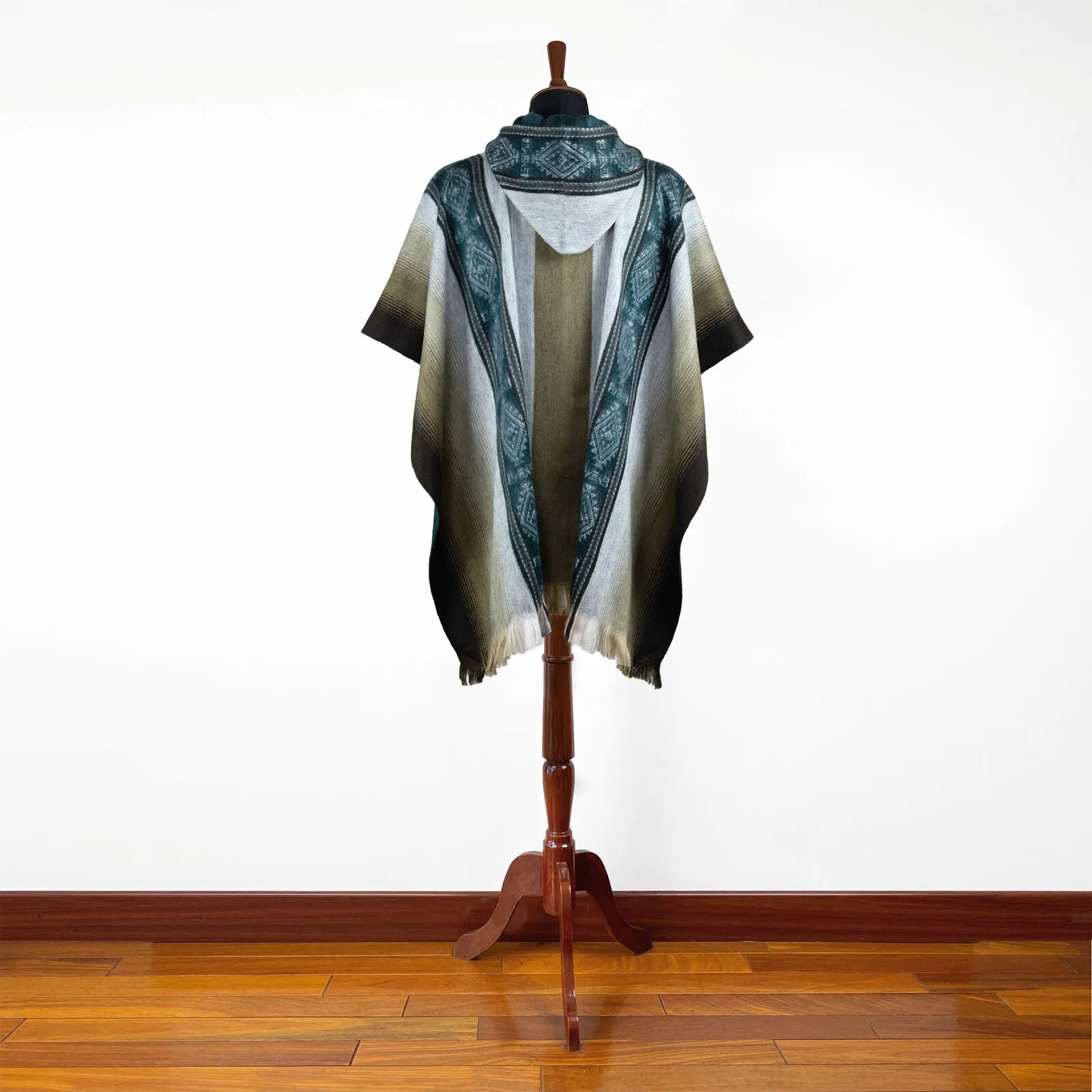 Jatuncocha - Lightweight Baby Alpaca Hooded Poncho - Emerald Green Tobacco - Unisex