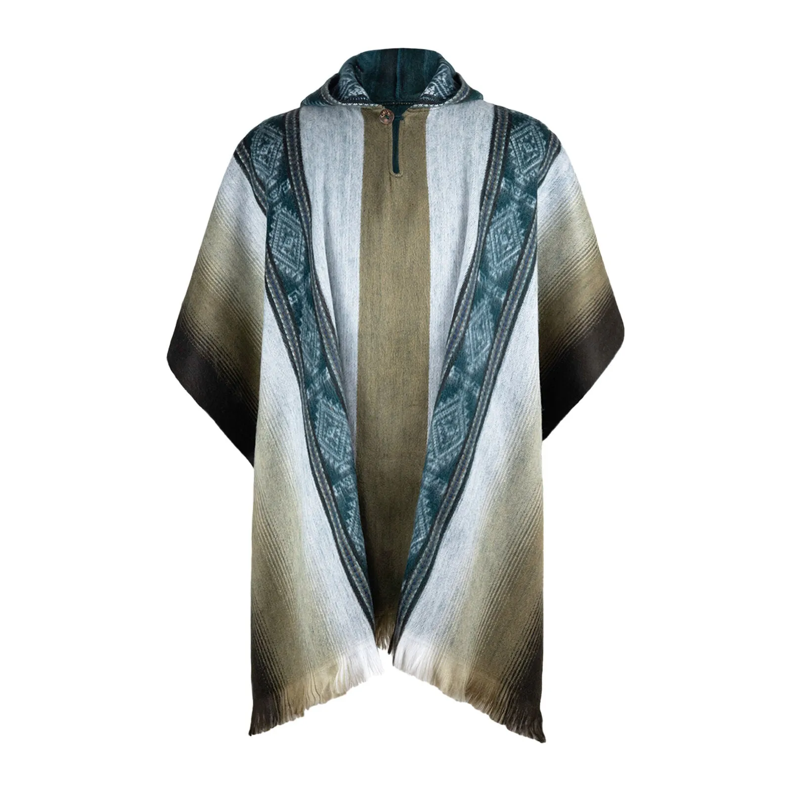 Jatuncocha - Lightweight Baby Alpaca Hooded Poncho - Emerald Green Tobacco - Unisex