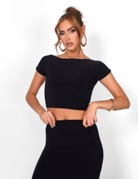 Kaiia Off Shoulder Slinky Cropped Top Co-ord in Black