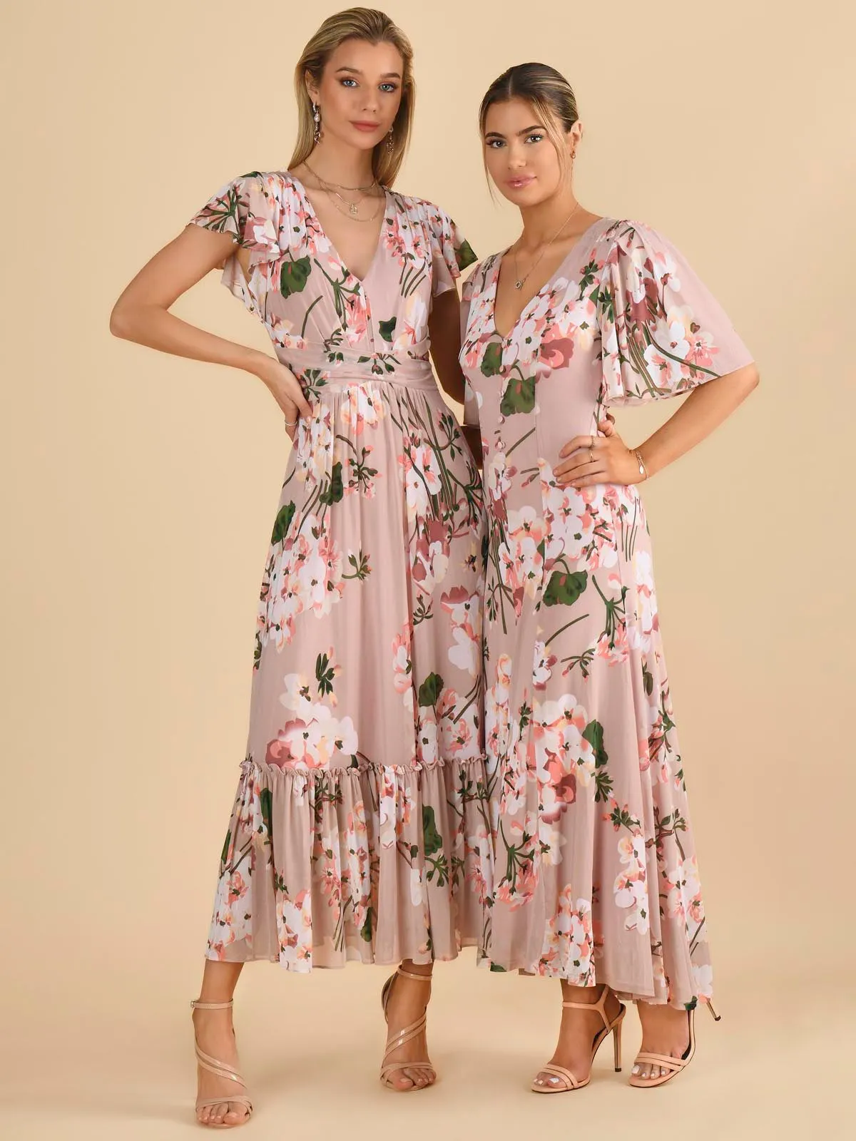 Kailee Mesh Floral Print Maxi Dress, Dusty Pink