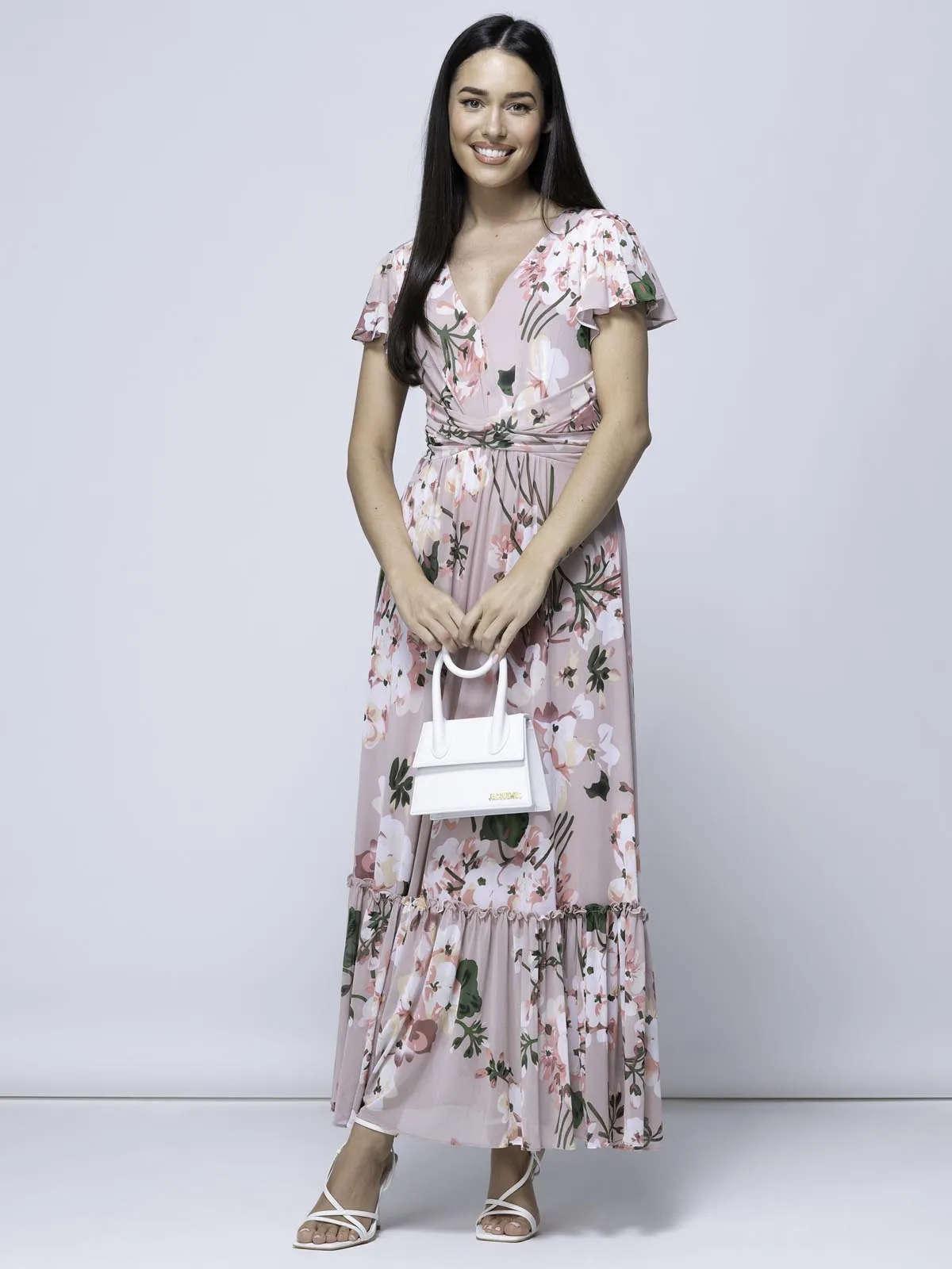 Kailee Mesh Floral Print Maxi Dress, Dusty Pink