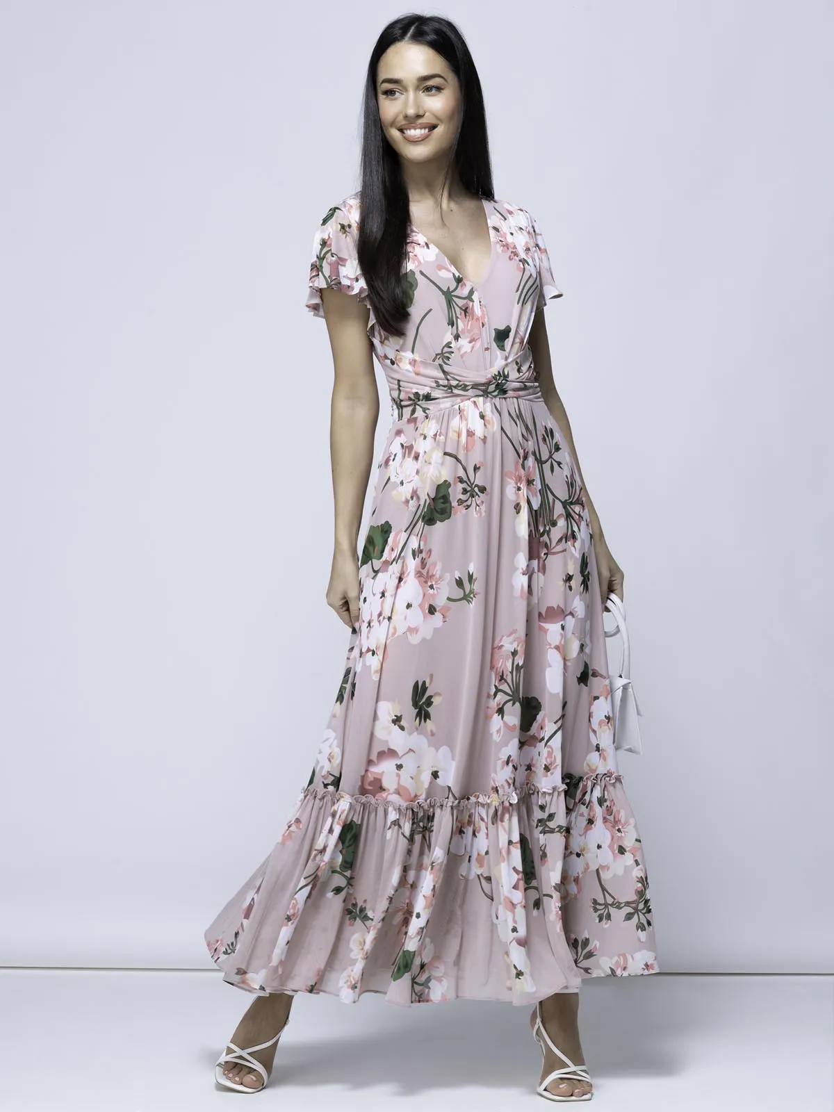 Kailee Mesh Floral Print Maxi Dress, Dusty Pink