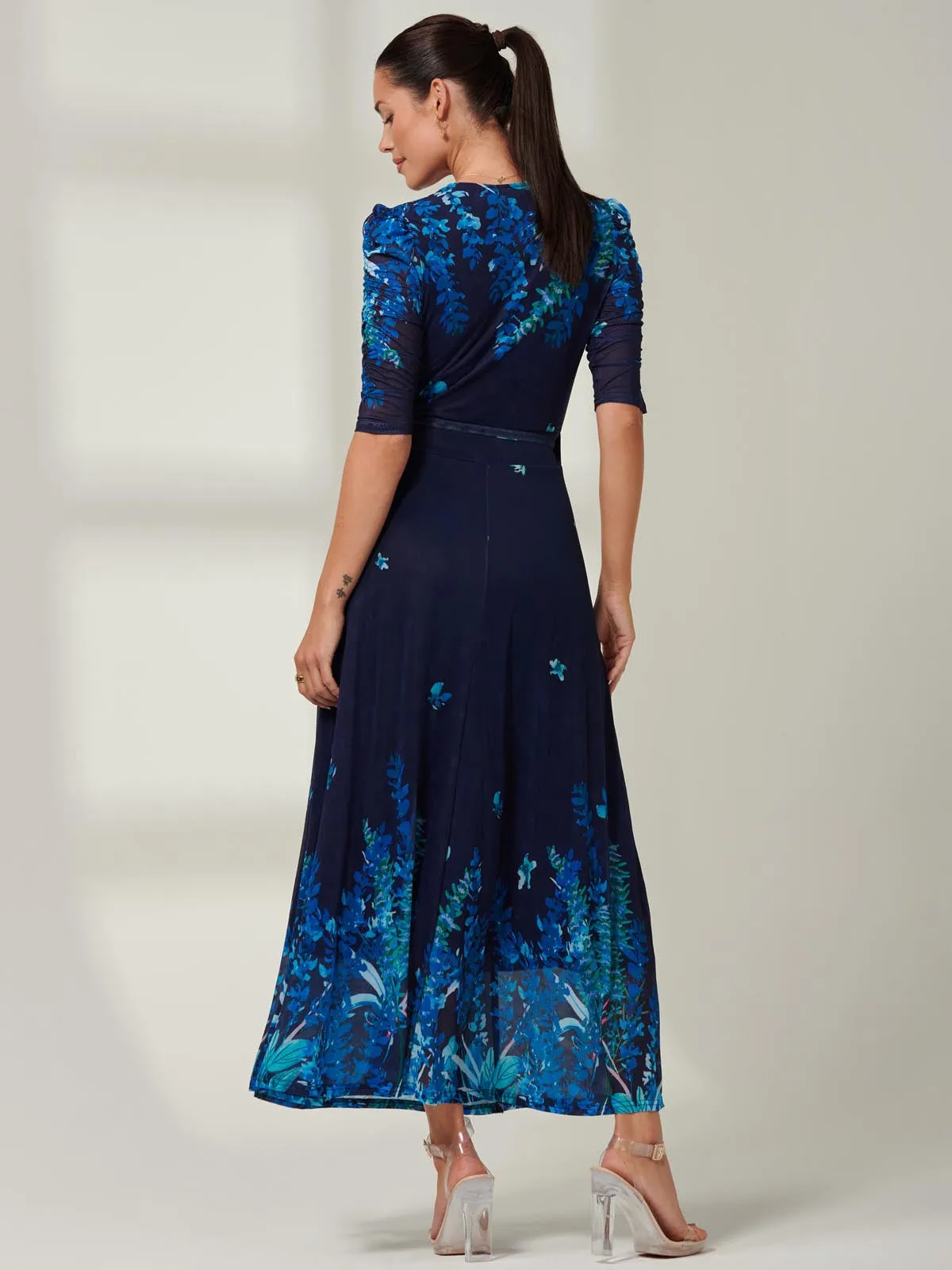 Kinley Print Wrap Mesh Maxi Dress, Navy Leafy