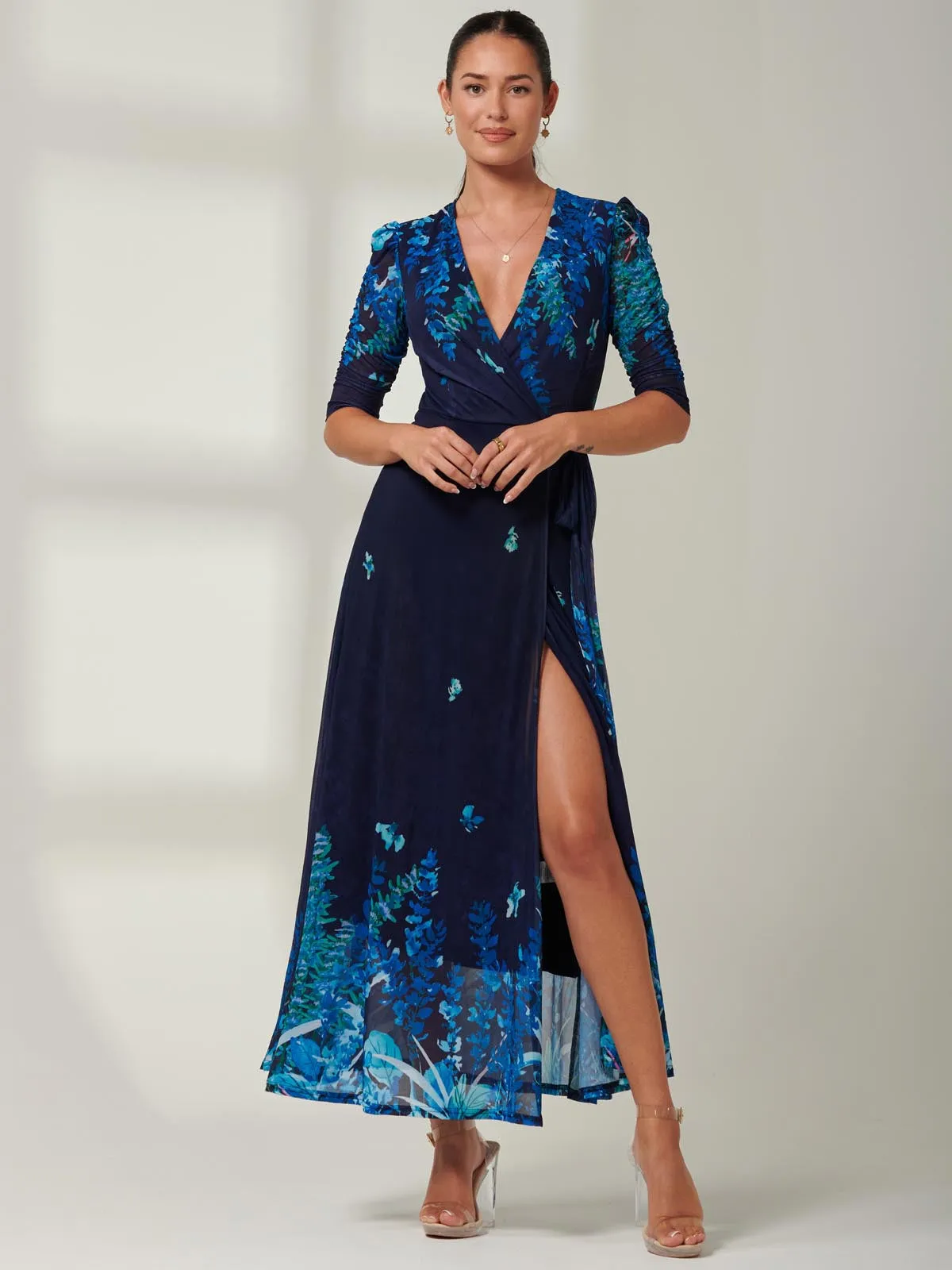 Kinley Print Wrap Mesh Maxi Dress, Navy Leafy