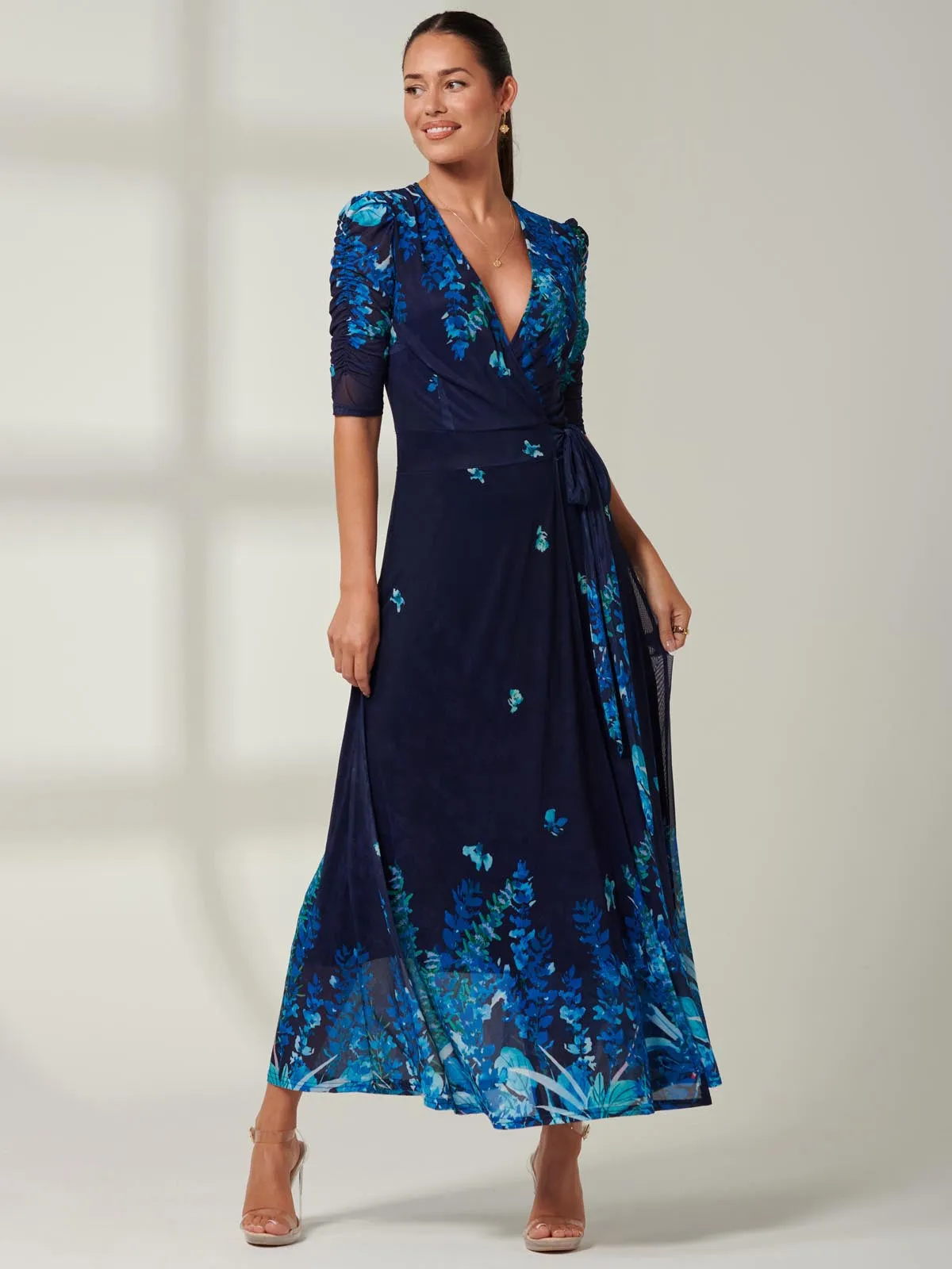 Kinley Print Wrap Mesh Maxi Dress, Navy Leafy