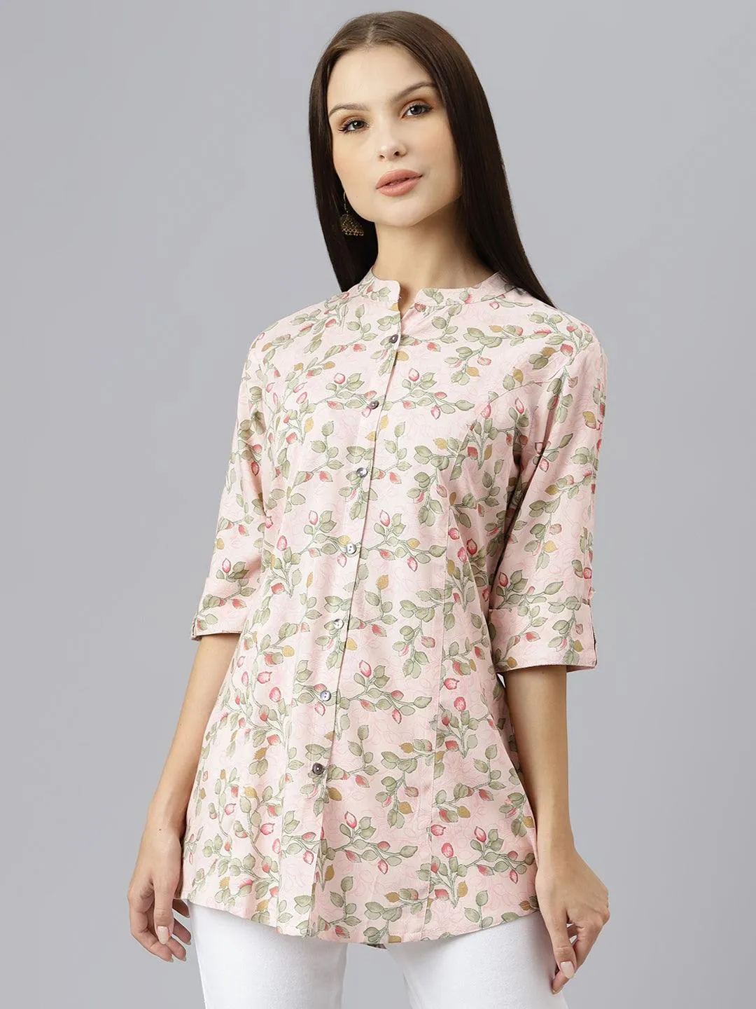 Light Pink Floral Rayon A-Line Shirts Style Top