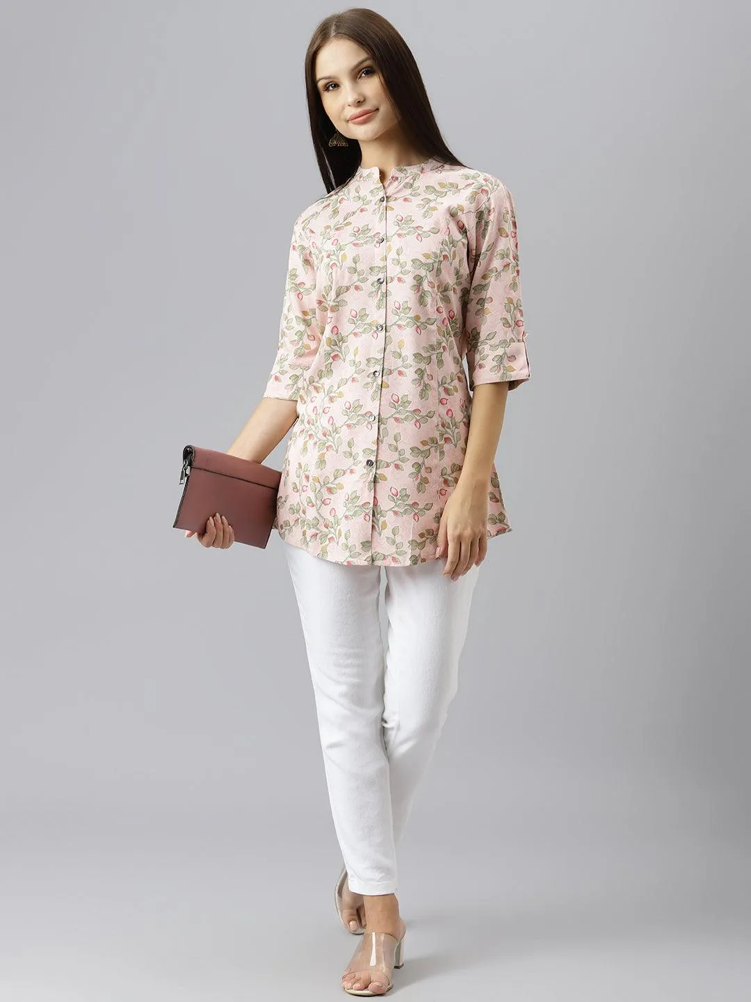 Light Pink Floral Rayon A-Line Shirts Style Top