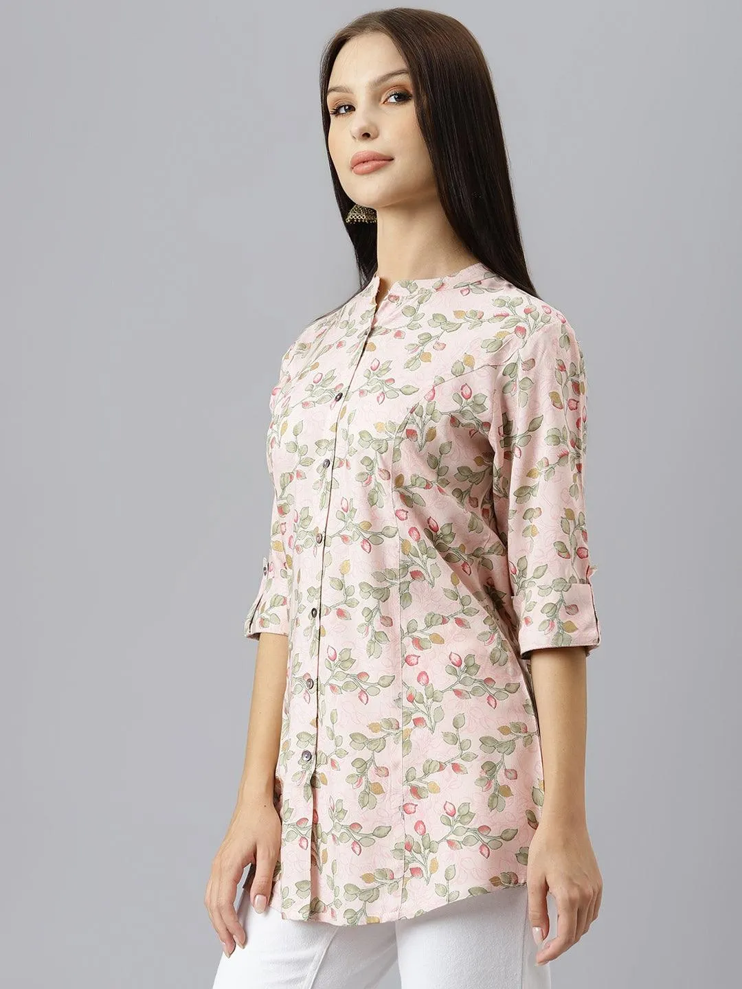 Light Pink Floral Rayon A-Line Shirts Style Top