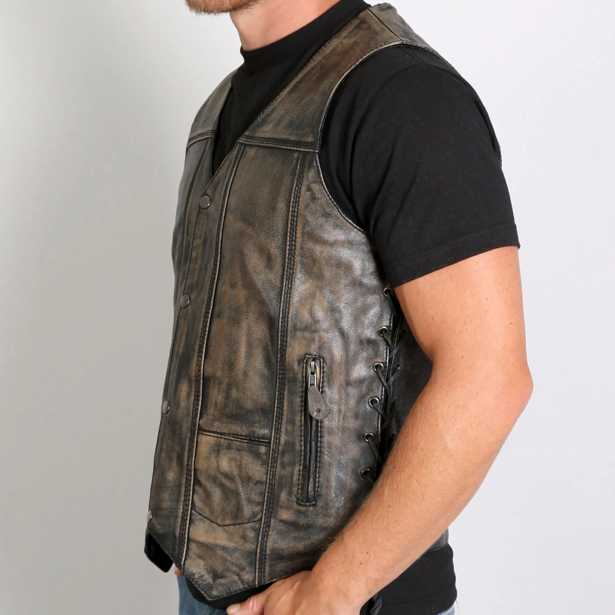 Men's Distressed Brown Leather Vest w/ 2 Concealed Carry Pockets, VSM1029-HL