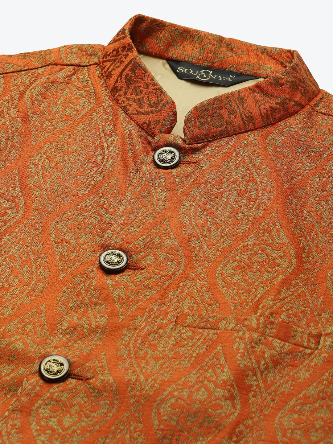 Men's Jacquard Silk Orange & Gold Nehru Jacket - Sojanya
