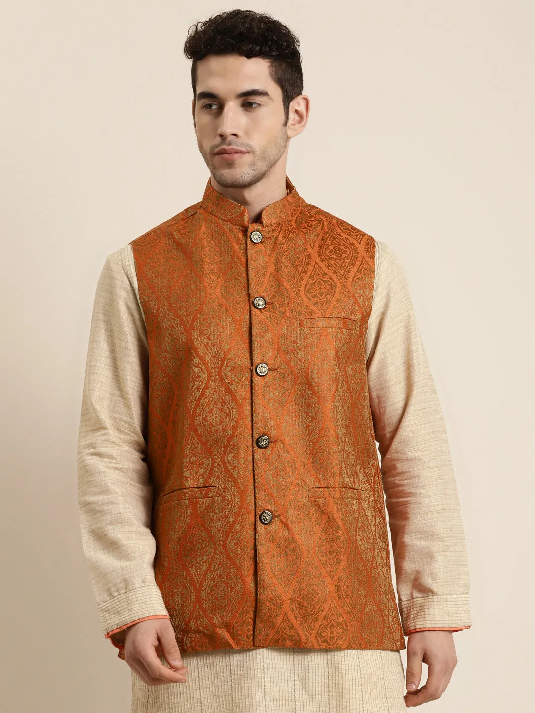 Men's Jacquard Silk Orange & Gold Nehru Jacket - Sojanya