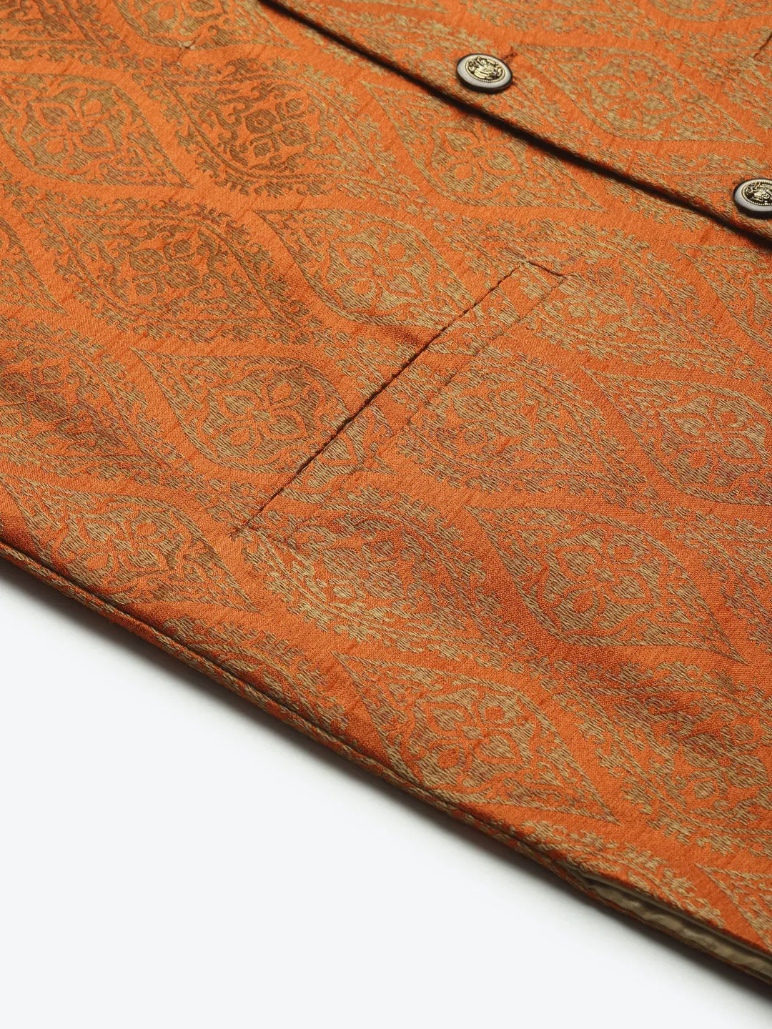 Men's Jacquard Silk Orange & Gold Nehru Jacket - Sojanya