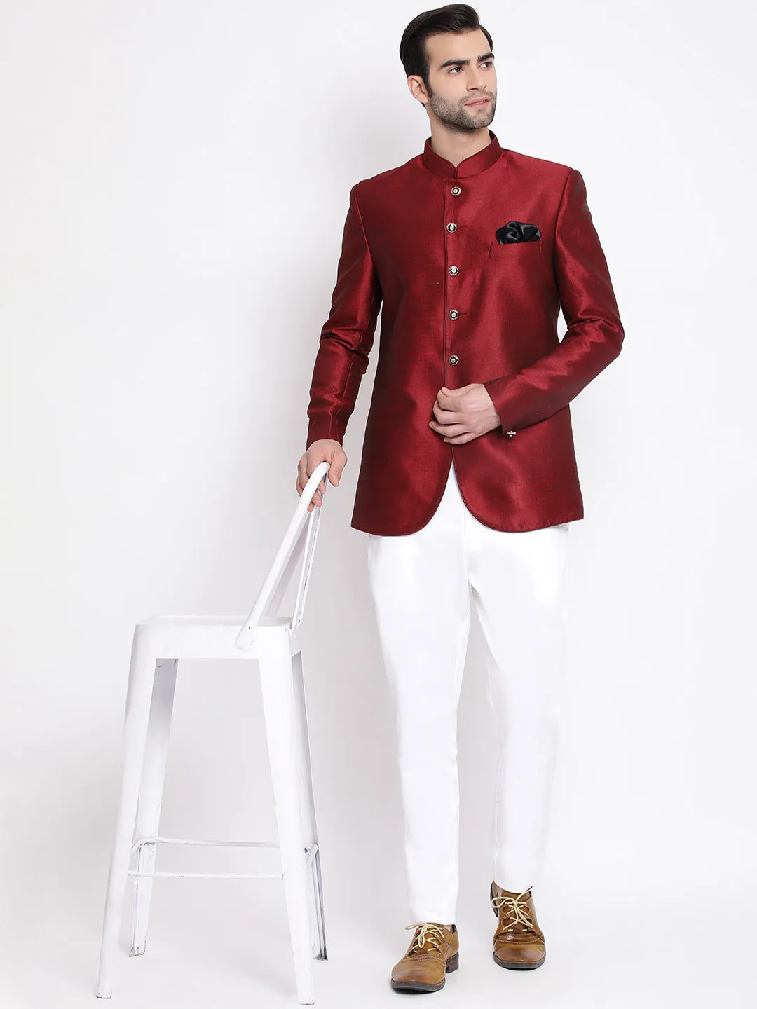 Men's Maroon Silk Blend Jodhpuri - Vastramay