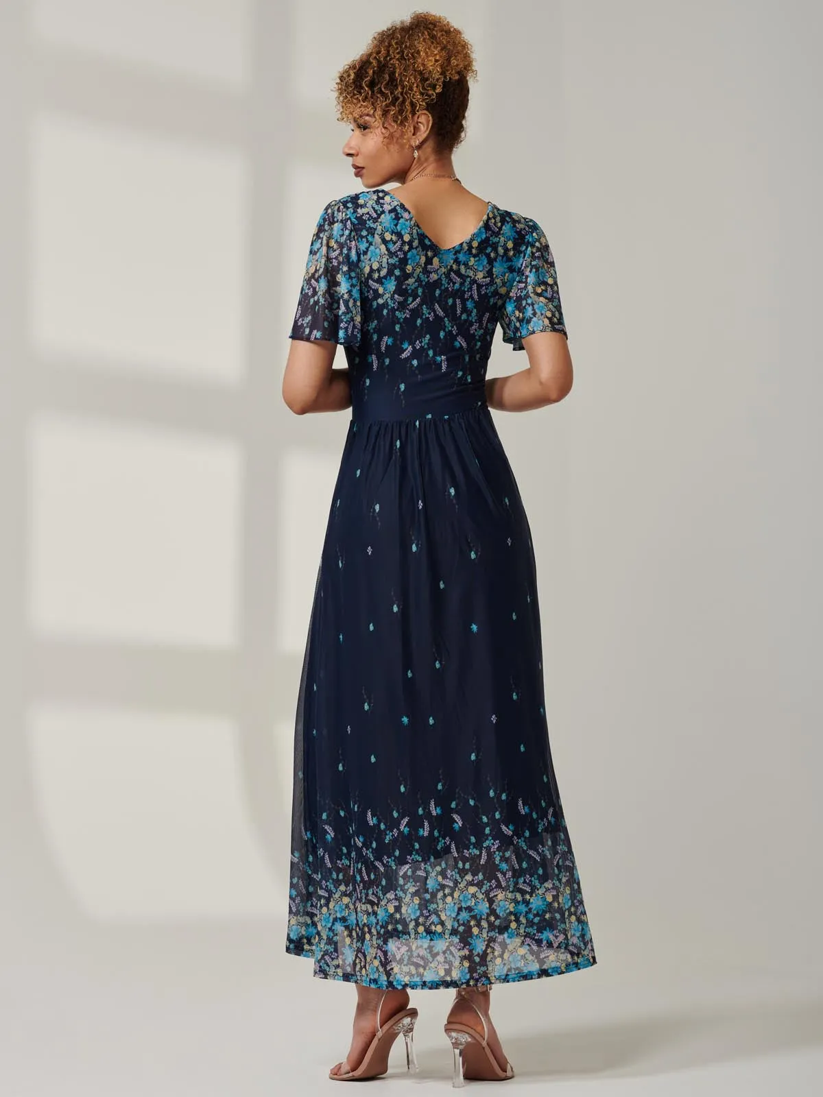 Mirrored Mesh Angel Sleeve Maxi Dress, Blue Floral