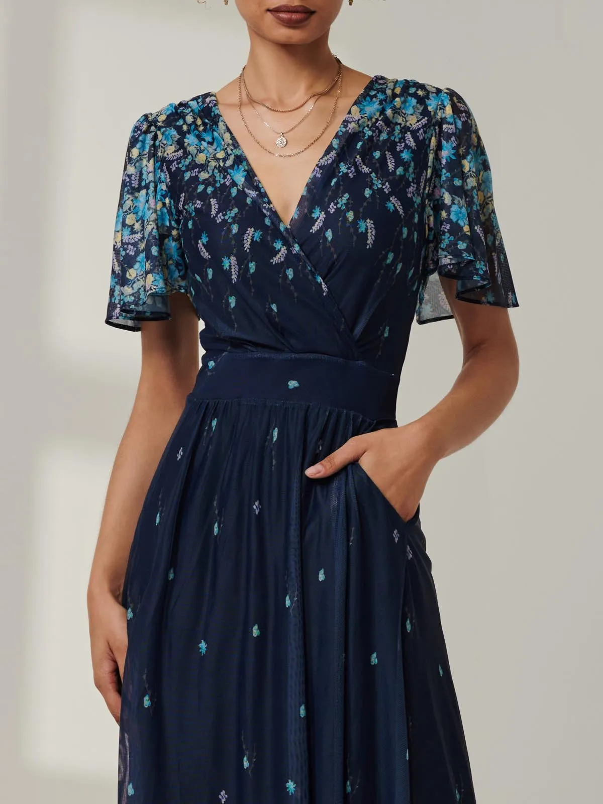 Mirrored Mesh Angel Sleeve Maxi Dress, Blue Floral