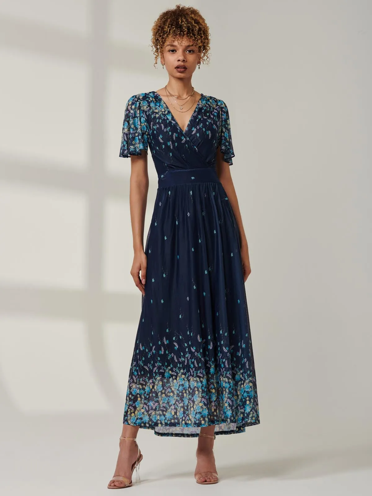 Mirrored Mesh Angel Sleeve Maxi Dress, Blue Floral