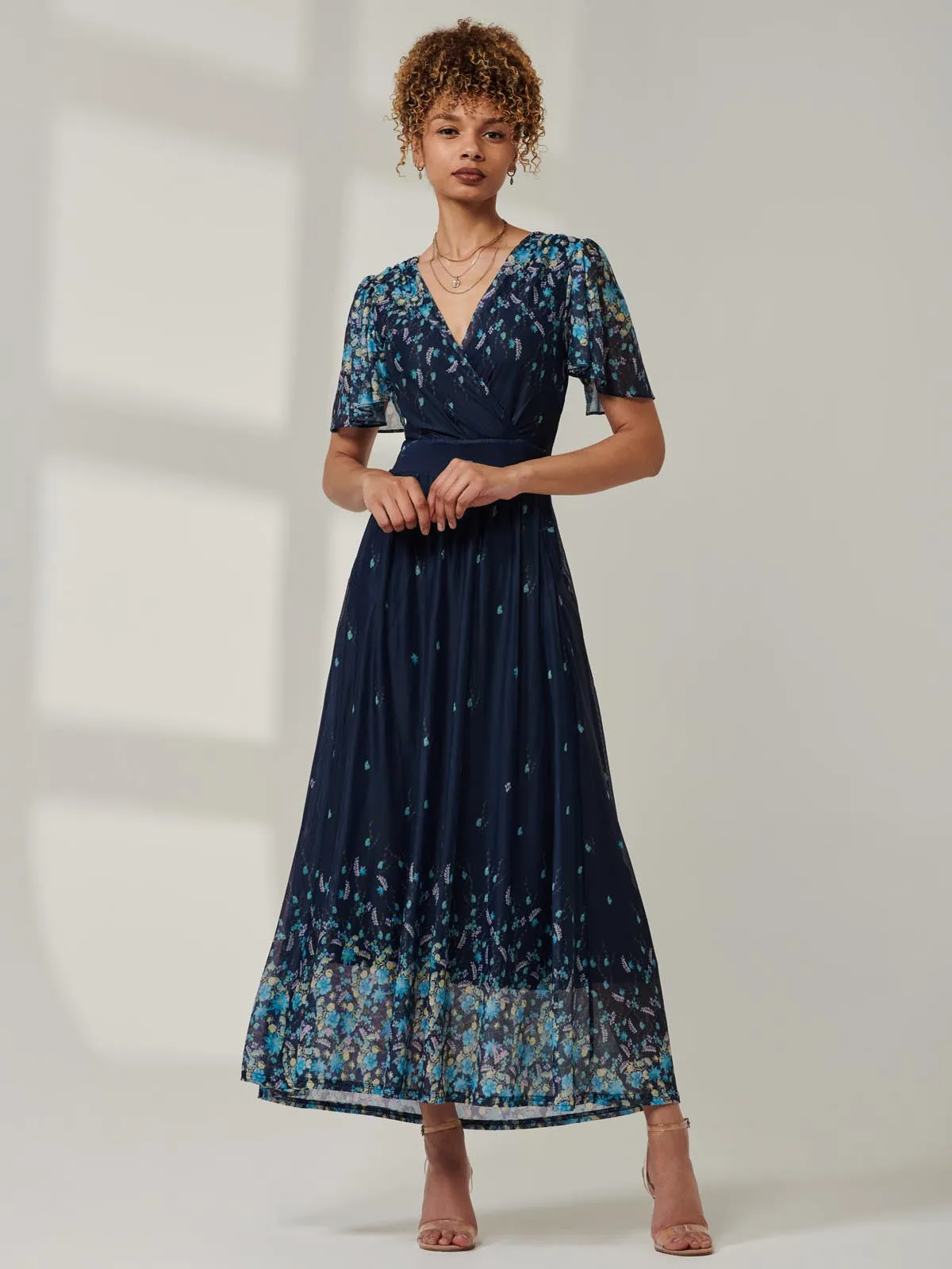 Mirrored Mesh Angel Sleeve Maxi Dress, Blue Floral