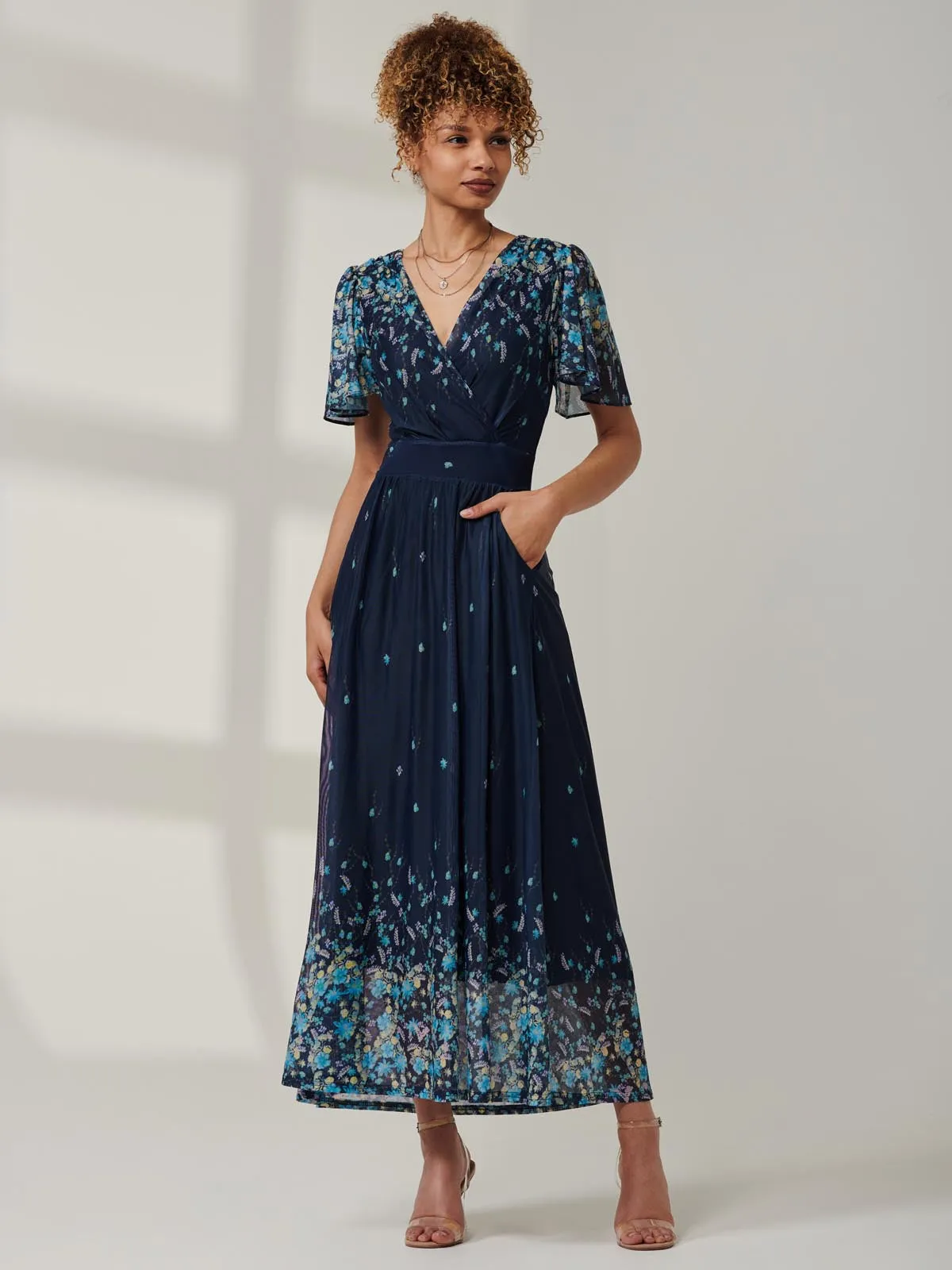 Mirrored Mesh Angel Sleeve Maxi Dress, Blue Floral