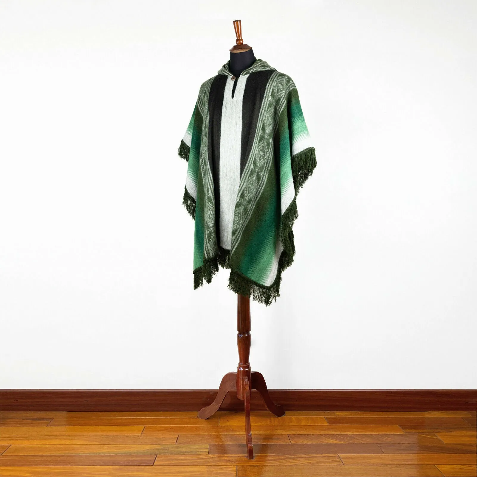 Muru - Lightweight Baby Alpaca Fringed Hooded Poncho - Green - Unisex