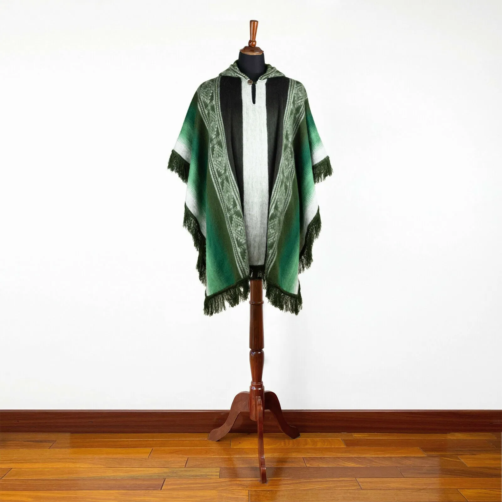 Muru - Lightweight Baby Alpaca Fringed Hooded Poncho - Green - Unisex
