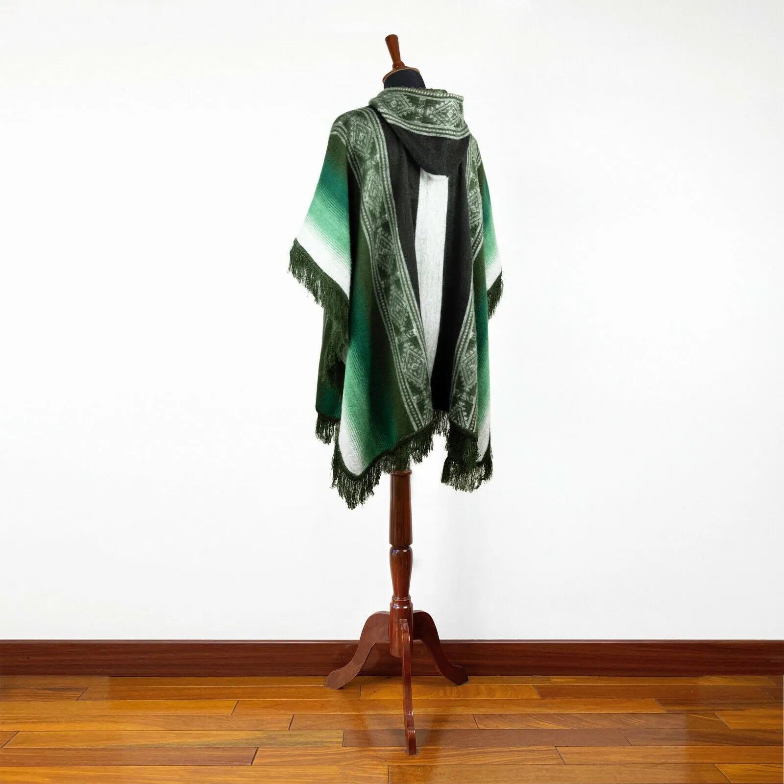Muru - Lightweight Baby Alpaca Fringed Hooded Poncho - Green - Unisex