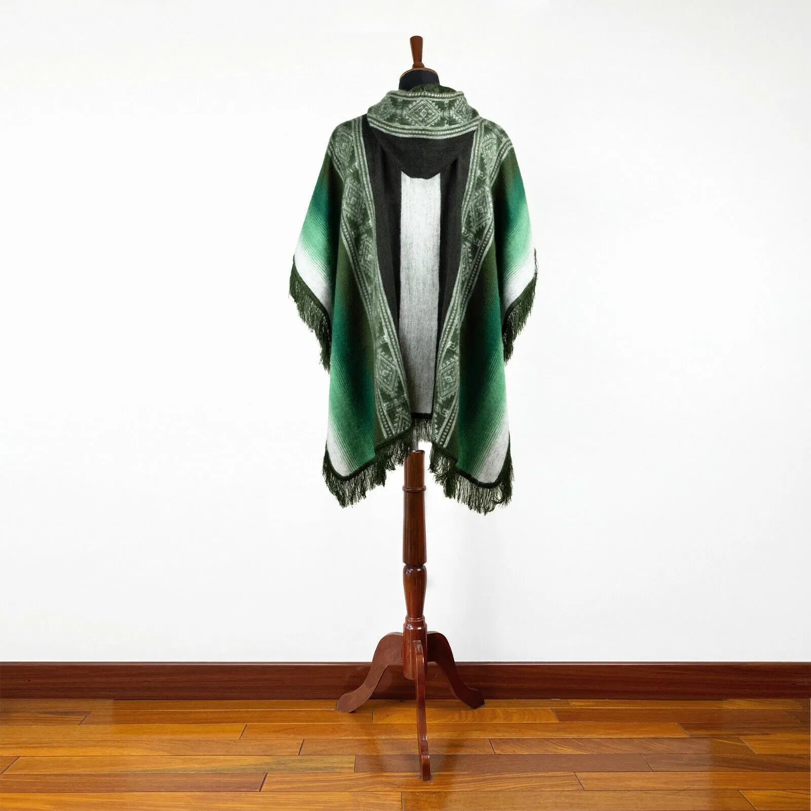 Muru - Lightweight Baby Alpaca Fringed Hooded Poncho - Green - Unisex
