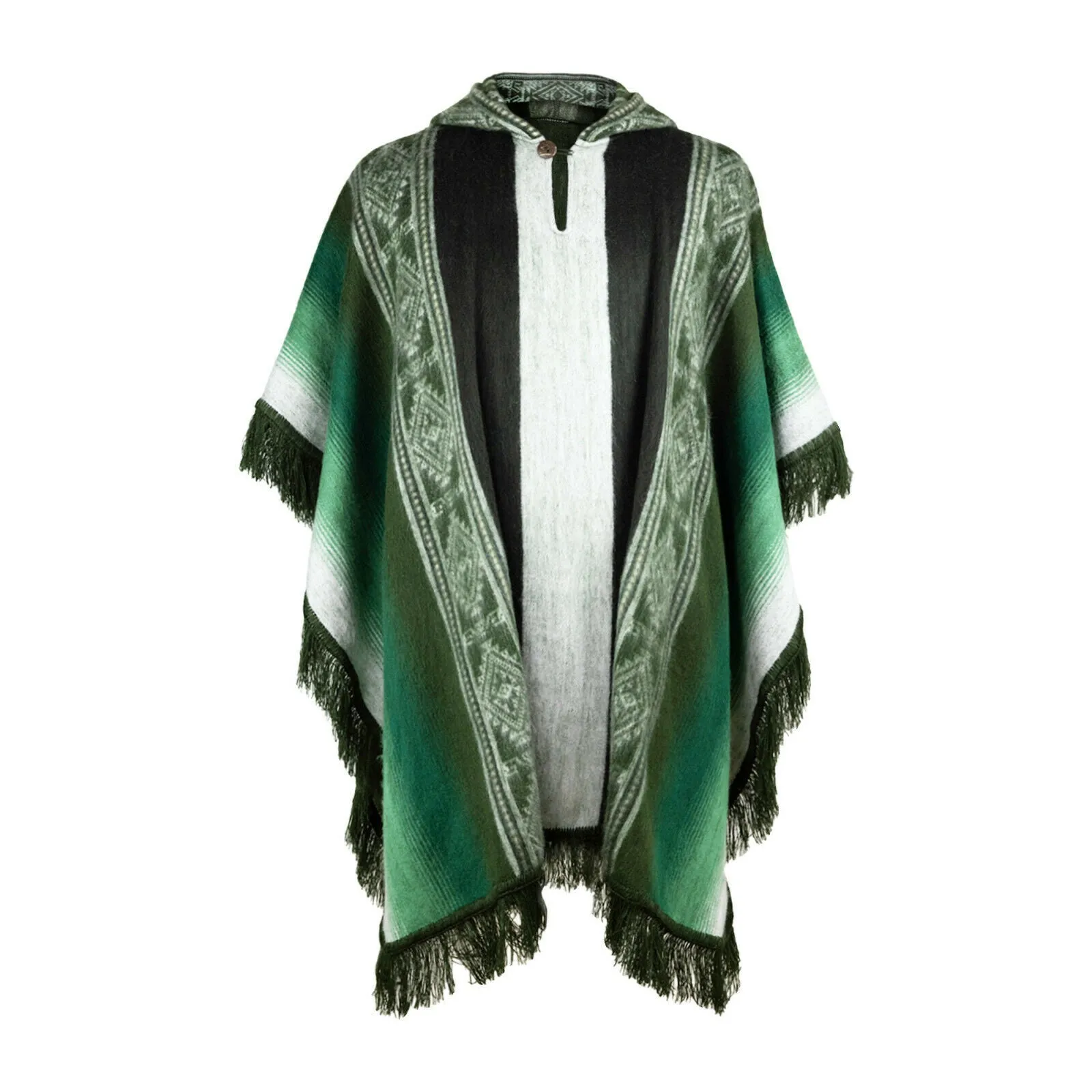 Muru - Lightweight Baby Alpaca Fringed Hooded Poncho - Green - Unisex