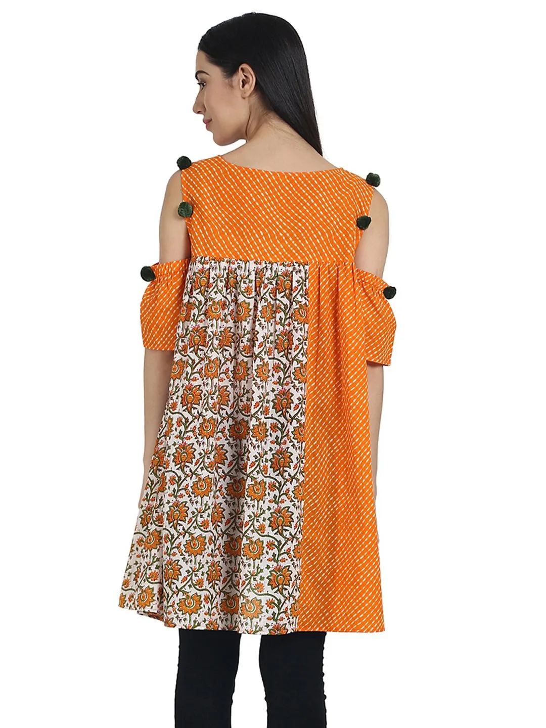 Orange Printed Cotton Cold Shoulder Half Sleeve Pleated Tunics
