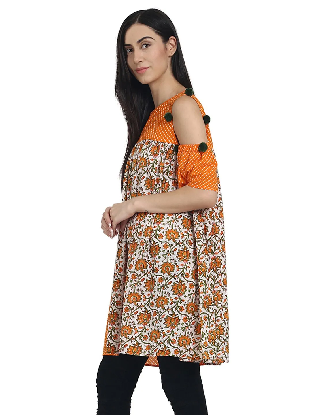 Orange Printed Cotton Cold Shoulder Half Sleeve Pleated Tunics
