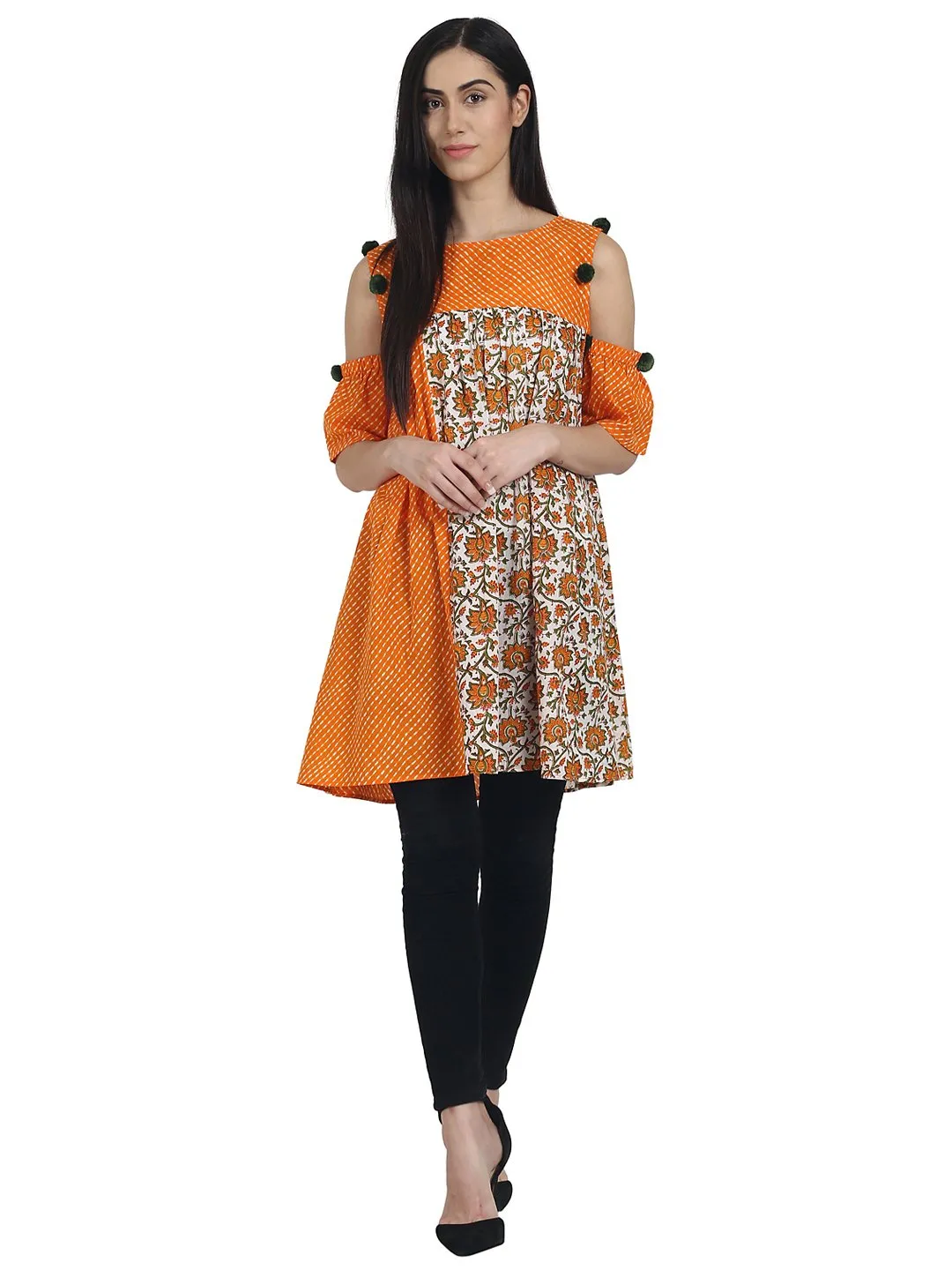 Orange Printed Cotton Cold Shoulder Half Sleeve Pleated Tunics