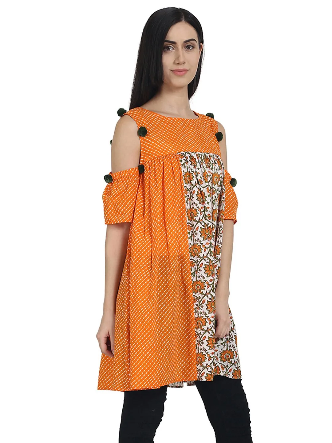 Orange Printed Cotton Cold Shoulder Half Sleeve Pleated Tunics