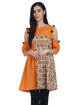 Orange Printed Cotton Cold Shoulder Half Sleeve Pleated Tunics