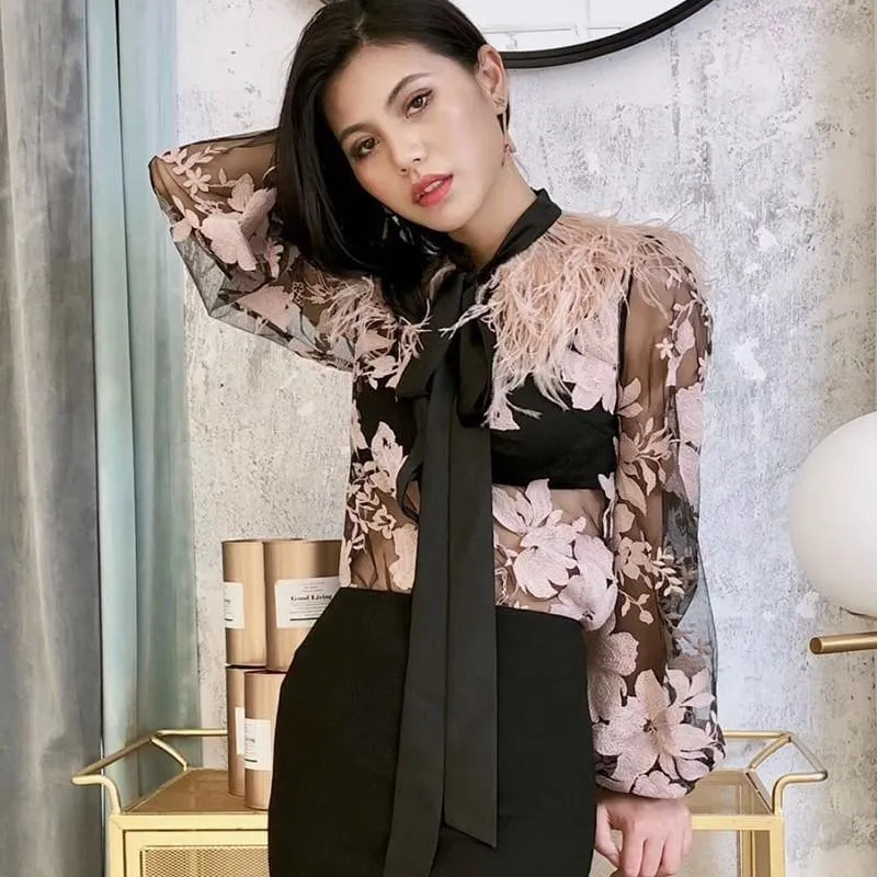 Patchwork Feathers Lace Up Lantern Sleeve Perspective Print Blouse