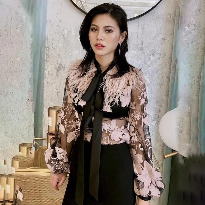 Patchwork Feathers Lace Up Lantern Sleeve Perspective Print Blouse