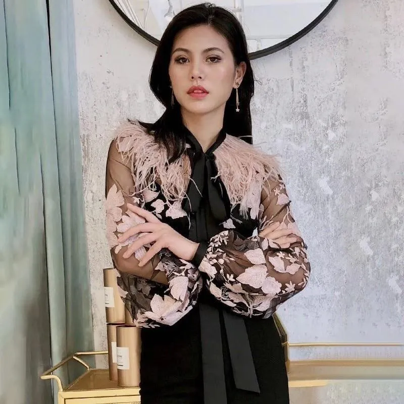 Patchwork Feathers Lace Up Lantern Sleeve Perspective Print Blouse