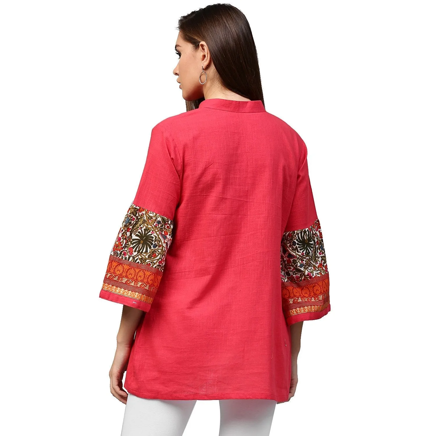 Peach 3/4Th Sleeve Cotton Tunics With Button Work